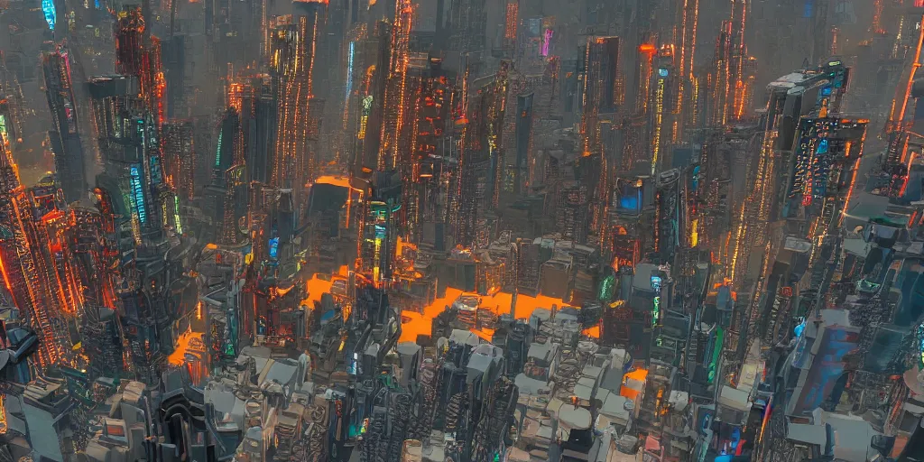 Prompt: very pointy cyberpunk city next to lava river