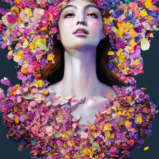 Prompt: the portrait of an absurdly beautiful, graceful, elegant mature young woman made of petals looking up, an ultrafine detailed illustration by kim jung gi, irakli nadar, intricate linework, bright colors, octopath traveler, final fantasy, angular, unreal engine 5 highly rendered, global illumination, radiant light, detailed and intricate environment