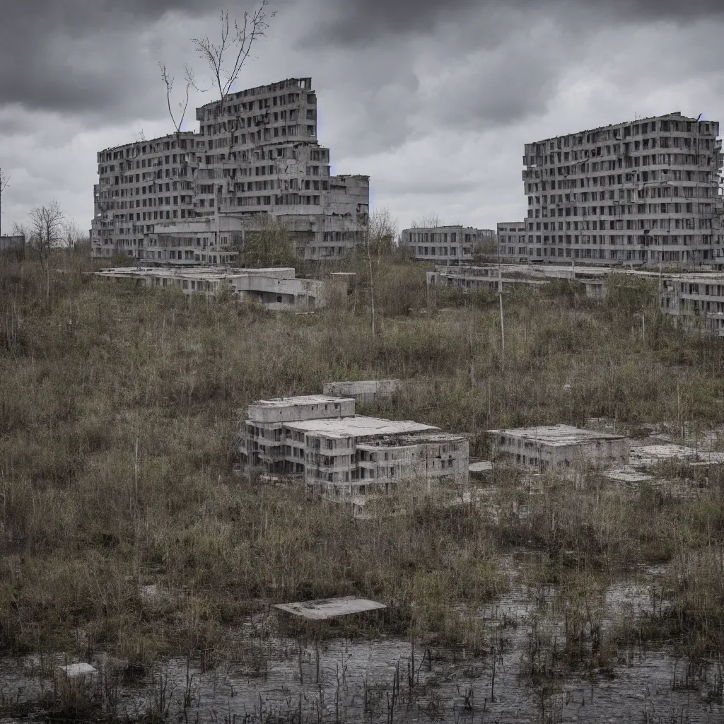 Image similar to brutalist soviet architecture, abandoned city, in the swamps, 4 k, professional photography