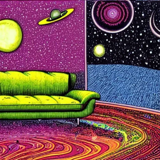 Image similar to psychedelic trippy couch in space, planets, milky way, sofa, cartoon by rob gonsalves and gustav dore