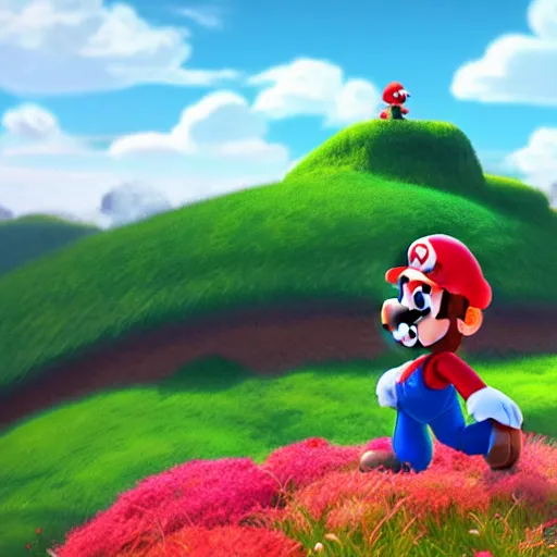 Image similar to a wholesome animation key shot of mario on a hill, fluffy pink anime clouds, studio ghibli, pixar animation, sharp, rendered in unreal engine 5, anime key art, bloom, dramatic lighting