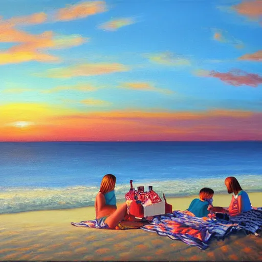 Prompt: Painting of a picnic on the beach at sunset, Greg rutoski style, WLD, digital masterpiece, highly detailed, 4K, oil painting on canvas