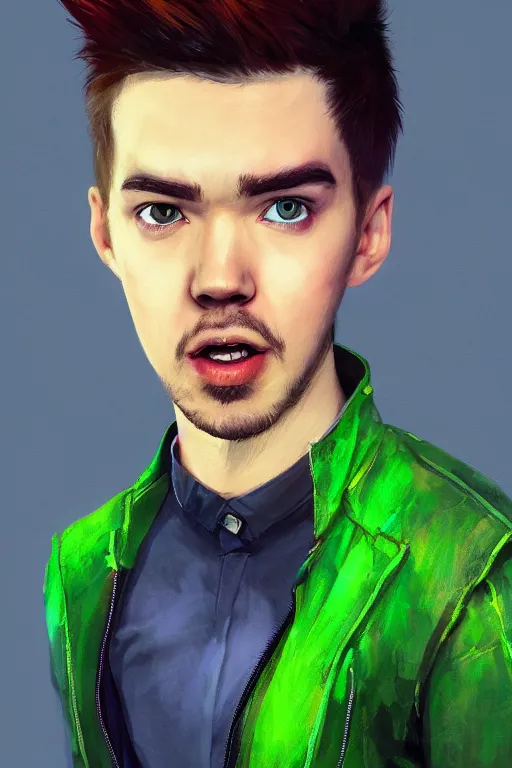 Image similar to a portrait of the YouTuber jacksepticeye in a goofy outfit by Greg Rutkowski, Sung Choi, Mitchell Mohrhauser, Maciej Kuciara, Johnson Ting, Maxim Verehin, Peter Konig, final fantasy , 8k photorealistic, cinematic lighting, HD, high details, atmospheric , trending on artstation