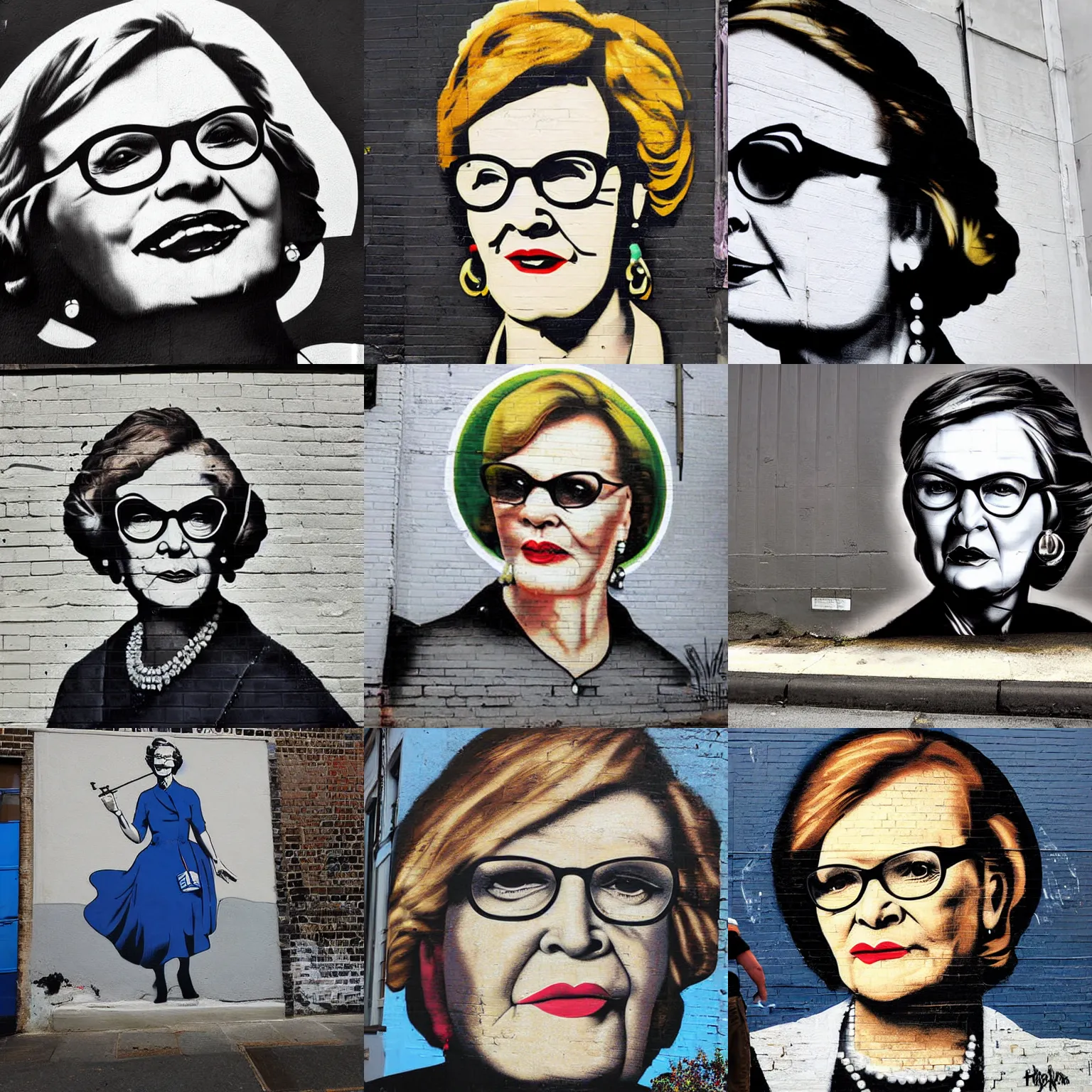 Prompt: street mural of helen zille by banksy, high detail, photograph