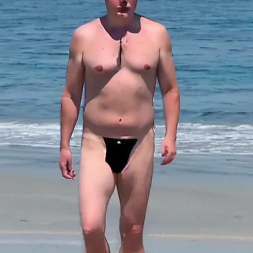 Image similar to elon musk in a speedo on the beach