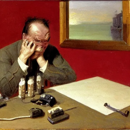 Image similar to an angry man yells at his computer monitor, oil on canvas, 1 8 8 3, highly detailed, high resolution