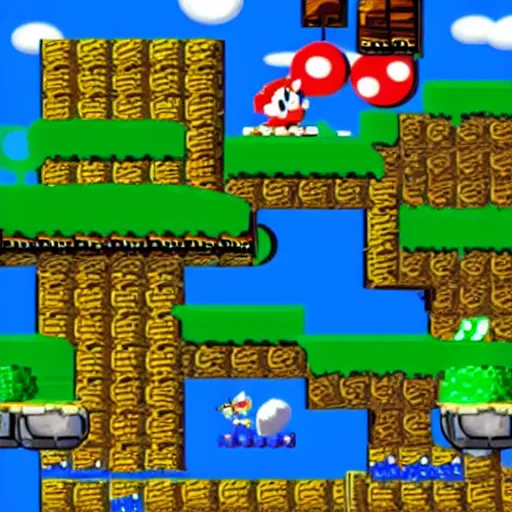 Prompt: supermario in sonic's greenhill zone doing a looping