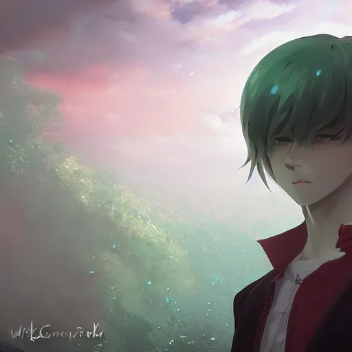 Image similar to insanely detailed. by wlop, ilya kuvshinov, krenz cushart, greg rutkowski, pixiv. zbrush sculpt, octane, maya, houdini, vfx. close - up gorgeous attractive cg anime male character with long hair, parted in the middle, with brilliant green glowing eyes. cinematic dramatic atmosphere, sharp focus, volumetric lighting.