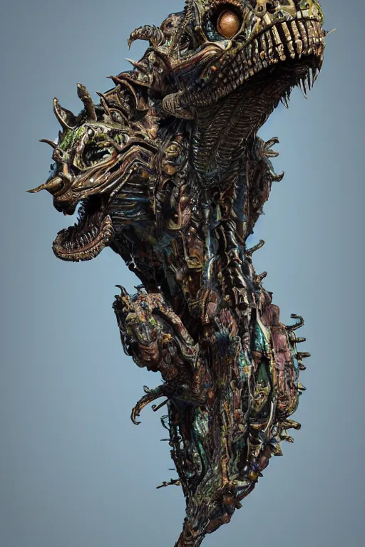 Image similar to hyper-maximalist overdetailed 3d sculpture of a biomechanical reptilian extraterrestrial monster by clogtwo and ben ridgway. 8k. Generative art. Fantastic realism. Scifi feel. Extremely Ornated. Intricate and omnious. Tools used: Blender Cinema4d Houdini3d zbrush. Unreal engine 5 Cinematic. Beautifully lit. No background. artstation. Deviantart. CGsociety. Inspired by beastwreckstuff and jimbo phillips. Cosmic horror infused retrofuturist style. Hyperdetailed high resolution Render by binx.ly in discodiffusion. Dreamlike polished render by machine.delusions. Sharp focus.