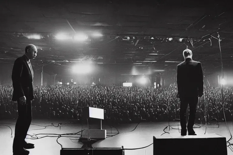 Prompt: Vladimir Putin standing on stage, controlling a wall of modular synthesizers, moody, Documentary style photography
