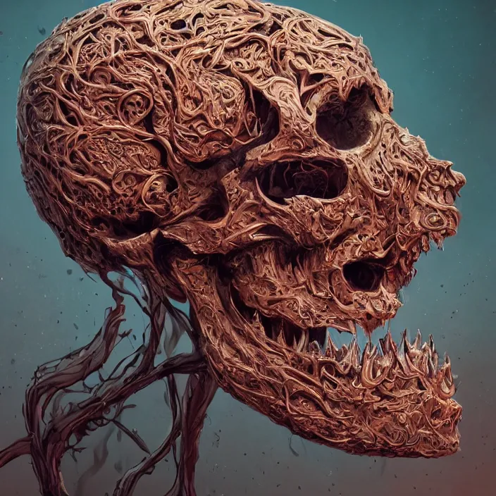 Image similar to portrait of a melting skull. razor sharp teeth. nightmare fuel. intricate abstract. intricate artwork. by Tooth Wu, wlop, beeple, dan mumford. octane render, trending on artstation, greg rutkowski very coherent symmetrical artwork. cinematic, hyper realism, high detail, octane render, 8k, iridescent accents