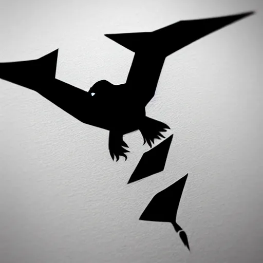 Prompt: low - poly stylized concept tattoo sketch. black silhouette of a flying raven with paint streaks, white background - n 4