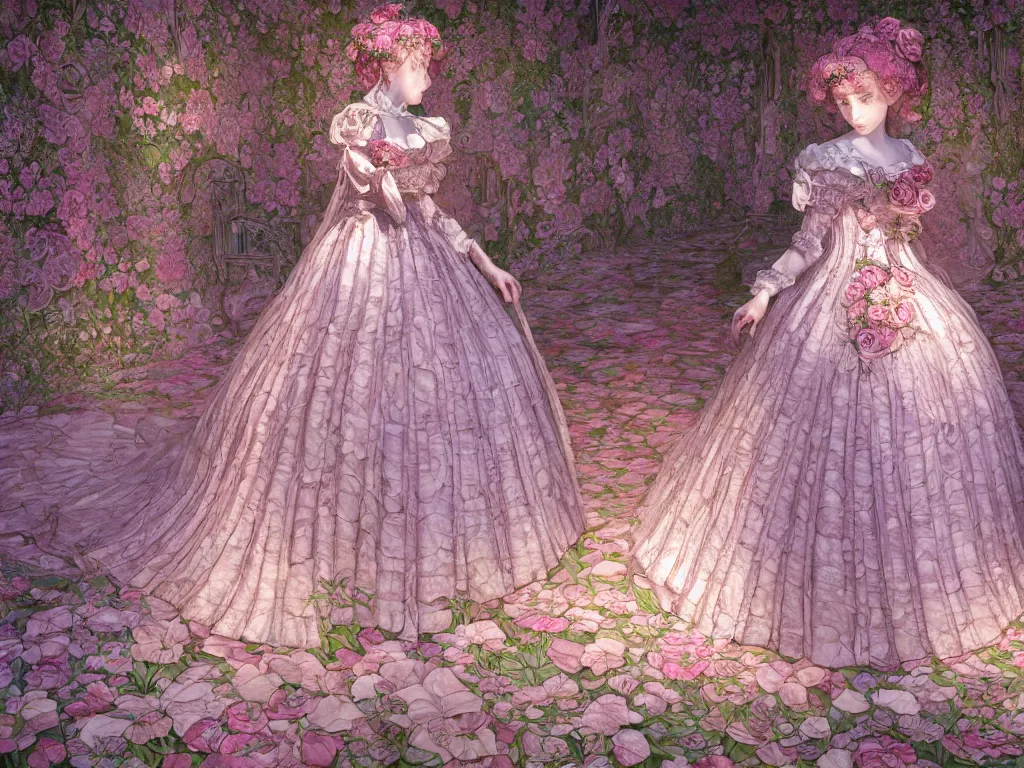 Image similar to the beautiful hyperdetailed physical rendering of rose flower wedding gothic lolita dress clothing design display in stay in bloom,, perfectly shaded, atmospheric lighting, in the style of louis comfort tiffany, makoto shinkai, raphael lacoste louis comfort tiffany, artgerm, karol bak, james jean, ross tran, 8 k hd, fine texture structure, 3 drender,