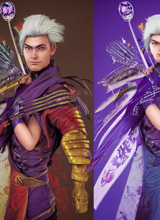 Prompt: An epic fantasy comic book style portrait painting of young man with straight indigo hair, purple eyes with red eye markers, slim body, wearing a detailed Japanese kimono with golden armor pieces, holding a japanese fan. Unreal 5, DAZ, hyperrealistic, octane render, cosplay, RPG portrait, dynamic lighting