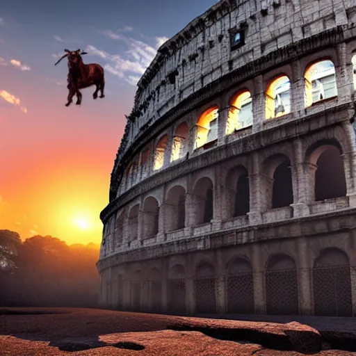 Prompt: A minotaur fighting a griffin inside a colosseum. Photorealistic, 4k, award winning, sunset lighting