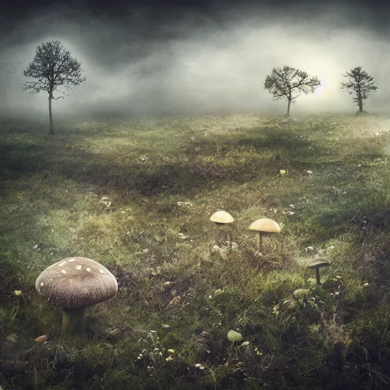 Image similar to a planet of various fungus, mushrooms and plants, inside the picture is infinity, Atmospheric phenomenon, artistic photography, muted colors, conceptual, long exposure outside the city, volumetric light