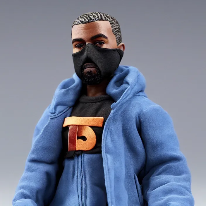 Image similar to a hot toys figure of kanye west using a full face covering black mask, a small, tight, undersized reflective bright blue round puffer jacket made of nylon, dark jeans pants and big black balenciaga rubber boots, figurine, detailed product photo