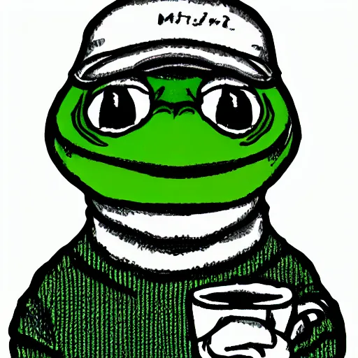 Prompt: A Smug Pepe the Frog wearing a sweater and drinking out of a shiny coffee mug, detailed, very detailed, heavily detailed, HD Quality, 4k Resolution, 8k Resolution, Epic, Awesome, Detailed Face, Very Detailed Face