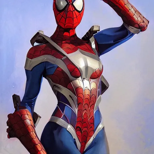 Image similar to greg manchess portrait painting of partially armored female spiderman as overwatch character, medium shot, asymmetrical, profile picture, organic painting, sunny day, matte painting, bold shapes, hard edges, street art, trending on artstation, by huang guangjian, gil elvgren, ruan jia, greg rutkowski, gaston bussiere