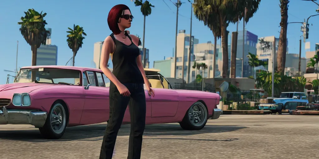 Prompt: Screenshot of Grand Theft Auto VI GTA 6, Vice City, Third-person view of female character, Video Game UI, 2025, Hyperrealistic 4k graphics, Official gameplay reveal trailer