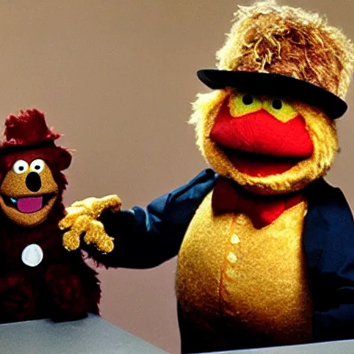 Prompt: An intervention for Fozzie Bear, sad, dark