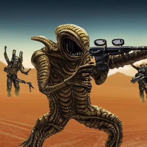 Prompt: alien standing in a desert with soldiers pointing guns at it, high quality, highly detailed