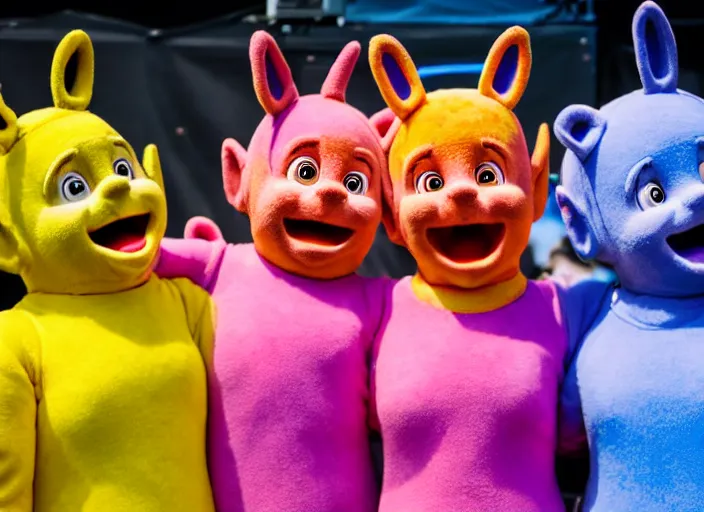 Prompt: photo still the teletubbies on stage at the vans warped tour!!!!!!!! at age 3 6 years old 3 6 years of age!!!!!!!! playing weird instruments, 8 k, 8 5 mm f 1. 8, studio lighting, rim light, right side key light