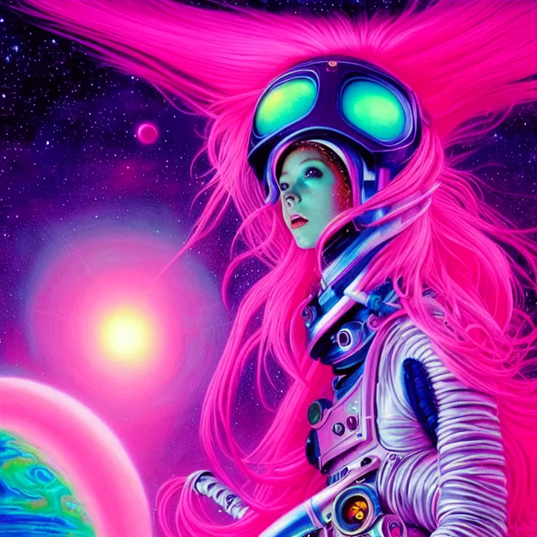 Prompt: cosmic astronaut girl pink hair, 2 0 yo, close - up, synthwave, bright neon colors, highly detailed, cinematic, tim white, roger dean, michael whelan, jim burns, bob eggleton, philippe druillet, kubrick, alfred kelsner, vallejo