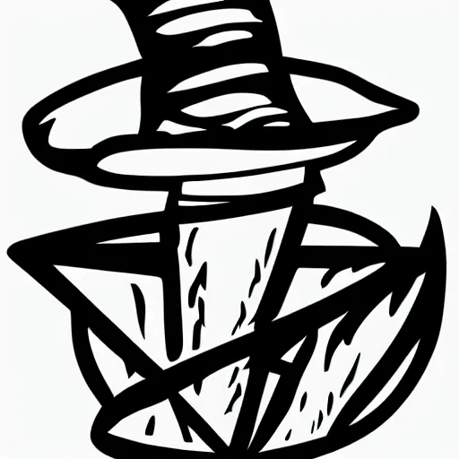 Prompt: mage pointy hat and fireball vector art, logo, minimalistic, black and white, clear edges, no watermarks