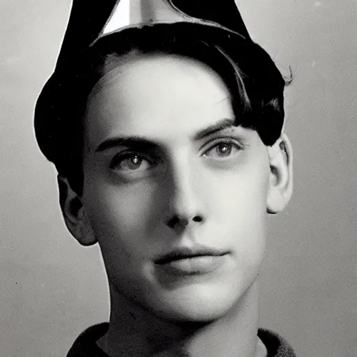 Prompt: a yearbook photo of Jughead Jones in 1966, he is wearing a hat that resembles a paper crown