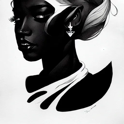 Image similar to black and white silhouette feminine woman portrait - hunter, logo, ink drawing, art by jc leyendecker and sachin teng