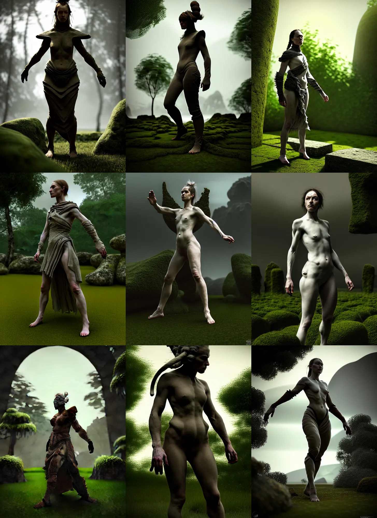 Prompt: low contrast, dynamic pose ,natural light, dissolution filter ,turbulence filter, costume design made by nordic tribes, sophisticated composition, old masters light composition, artist reference images pose, procedurally generated, epic human character posing for concept art, beautiful ancient garden behind, substance designer, PBR, HD, Ultra detailed, hyperrealistic, megascans, volumetric light, concept by master artist, made in paint tool SAI2, trending pixiv face