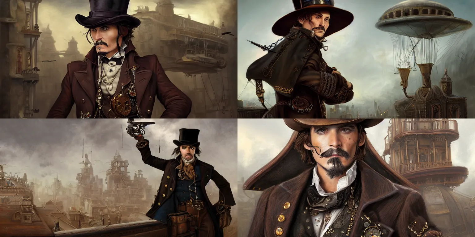 Prompt: portrait of a steampunk gentleman gunslinger in hat posing on roof, Daniel Day-Lewis or johny depp, matte painting of steam machines airships on background, by Antonio Caparo and tyler edlin and lindsey look, victorian, concept art, steam romance, steam-punk illustration, detailed, 4k resolution, trending on artstation