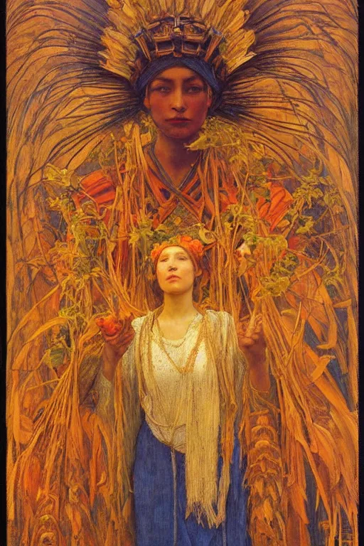 Image similar to queen of the harvest with her bounty by Annie Swynnerton and Nicholas Roerich and jean delville, strong dramatic cinematic lighting , ornate headdress , flowing robes, lost civilizations, smooth, sharp focus, extremely detailed