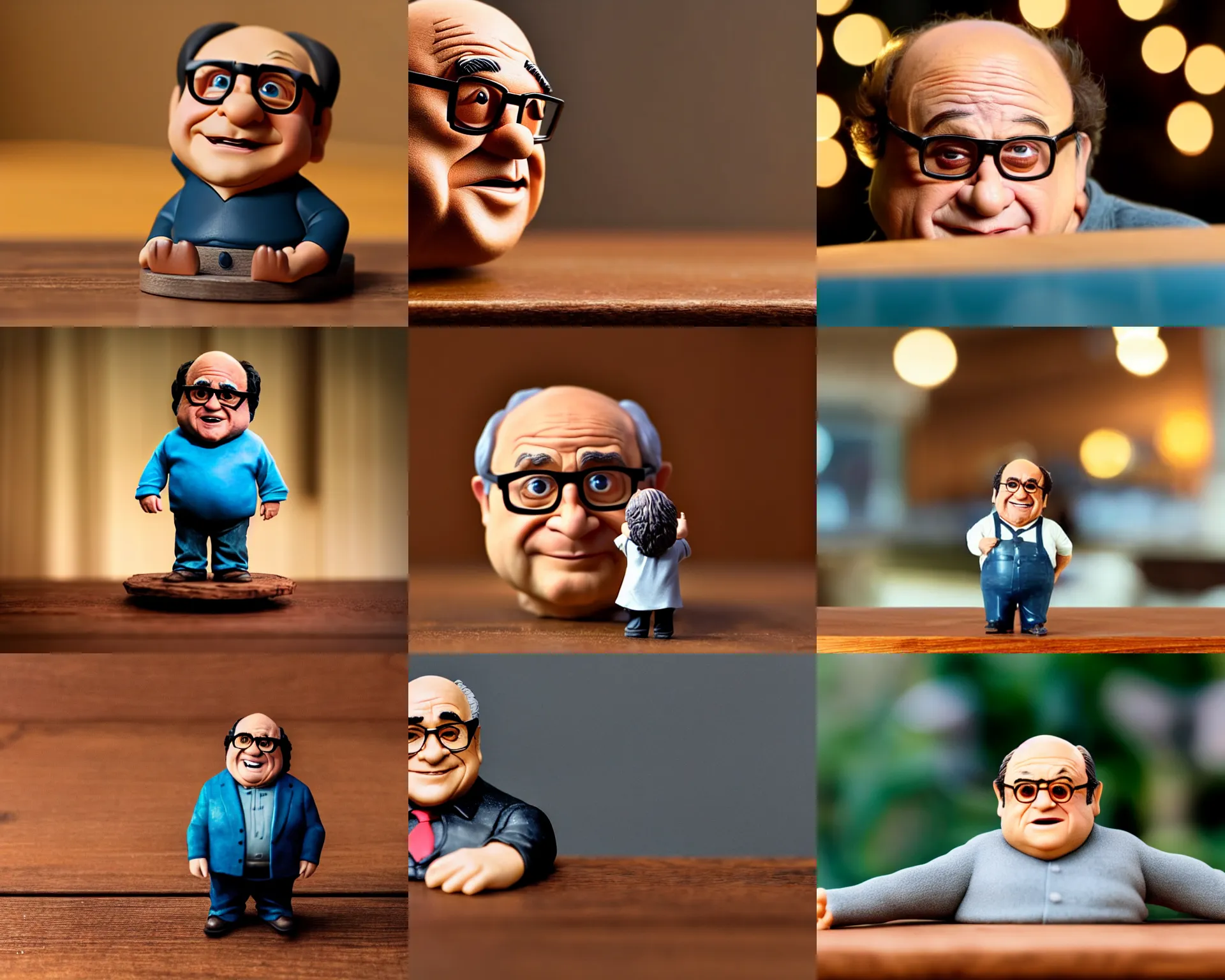 Prompt: danny devito figurine by pixar sad bokeh on wooden table.