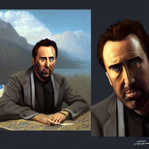 Image similar to Portrait of a Nic Cage in GTA V , art by Albert Bierstadt and James Gurney, highly detailed, digital painting, matte painting, concept art, illustration, oppressive lighting, trending on artstation, very detailed