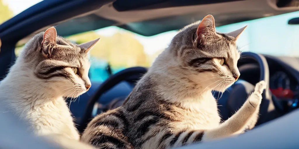 Image similar to side view of convertible, cat sitting relaxed in the driver seat with front paws on steering wheel, eyes closed, enjoying the sun, golden hour