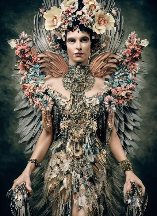 Prompt: full body environmental portrait photo of a goddess as angel, ornate headpiece made from flowers, ornaments, glamour shot by gemmy woud - binnendijk, chris knight, stefan gesell, photorealistic, canon r 3, fashion photography, ornate, elegant, luxury and elite, symmetrical features, octane render, unreal engine, solid dark grey background, dramatic lights