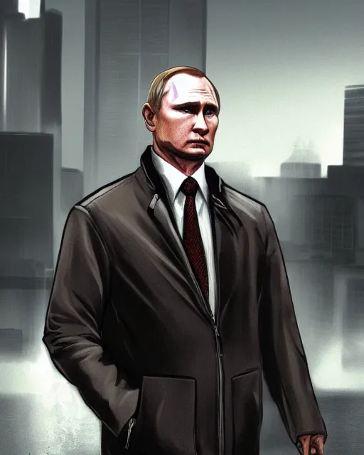 Image similar to a medium shot of vladimir putin wearing a jacket in gta 4, gta 4 loading screen artwork, highly detailed, trending on artstationhq