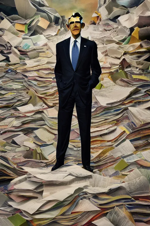Prompt: obama standing next to a mountain of papers, oil on canvas, intricate, portrait, 8 k highly professionally detailed, hdr, cgsociety