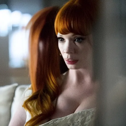 Image similar to amazing beautiful Christina Hendricks with an amazed look on her face in the living room, film still from the movie directed by Denis Villeneuve , wide lens