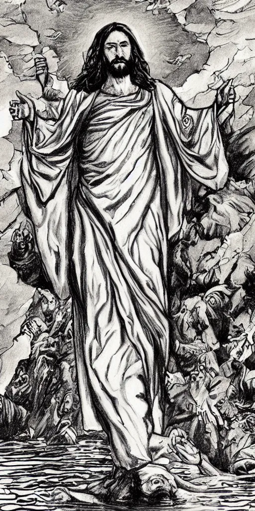 Image similar to jesus walking on water, drawing by alan moore,