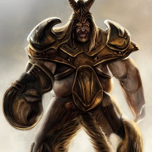 Image similar to Giant minotaur humanoid beast warrior with two handed axe, human face, concept art, heavy white and golden armor, giant taurus horns, long mane, full body, muscular, dungeons and dragons, hyperrealism, high details, digital painting, dark fantasy, grim helmet