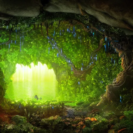 Image similar to glowing cave, hidden by a curtain of vines, covered by lush green vines, rocks, small pool of water, trickling water, stone, hidden, forest, night, glow, magical, magic, fantasy, professional, high quality, highly detailed, award-winning, awe-inspiring, spectacular, HD, 4K, 8K