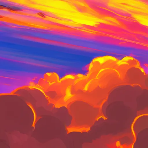 Prompt: a vibrant sunset, shot in the sky, loots of clouds, digital art, trending on artstation