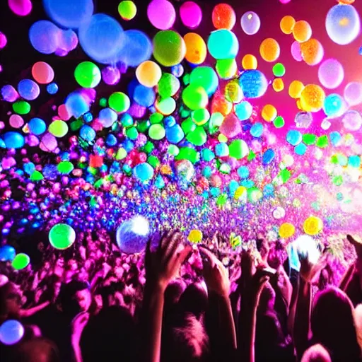 Prompt: concert photography where fans are all in plastic bubbles hyper realistic colorful light