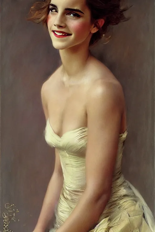 Prompt: emma watson smiling looking away detailed portrait painting by gaston bussiere craig mullins j. c. leyendecker photograph by richard avedon peter lindbergh