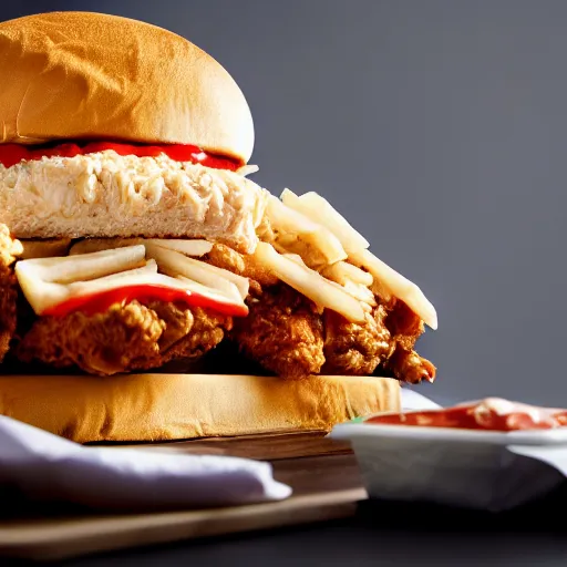 Image similar to a kfc chicken sandwich slathered in sauce, 4 k product photo