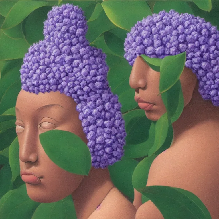 Image similar to portrait of a faceless lavender and camellia flower - head black woman by rene magritte, detailed painting, distance, centered, hd, hq, high resolution, high detail, 4 k, 8 k