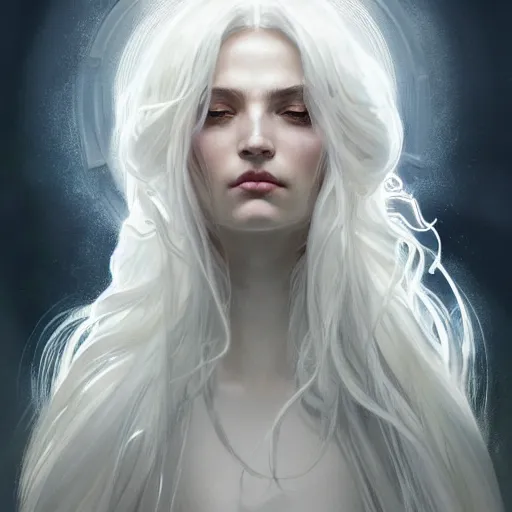 Image similar to god, ghostly, white hair, long hair, gorgeous, amazing, elegant, intricate, highly detailed, digital painting, artstation, concept art, sharp focus, illustration, art by artgerm and greg rutkowski and alphonse mucha